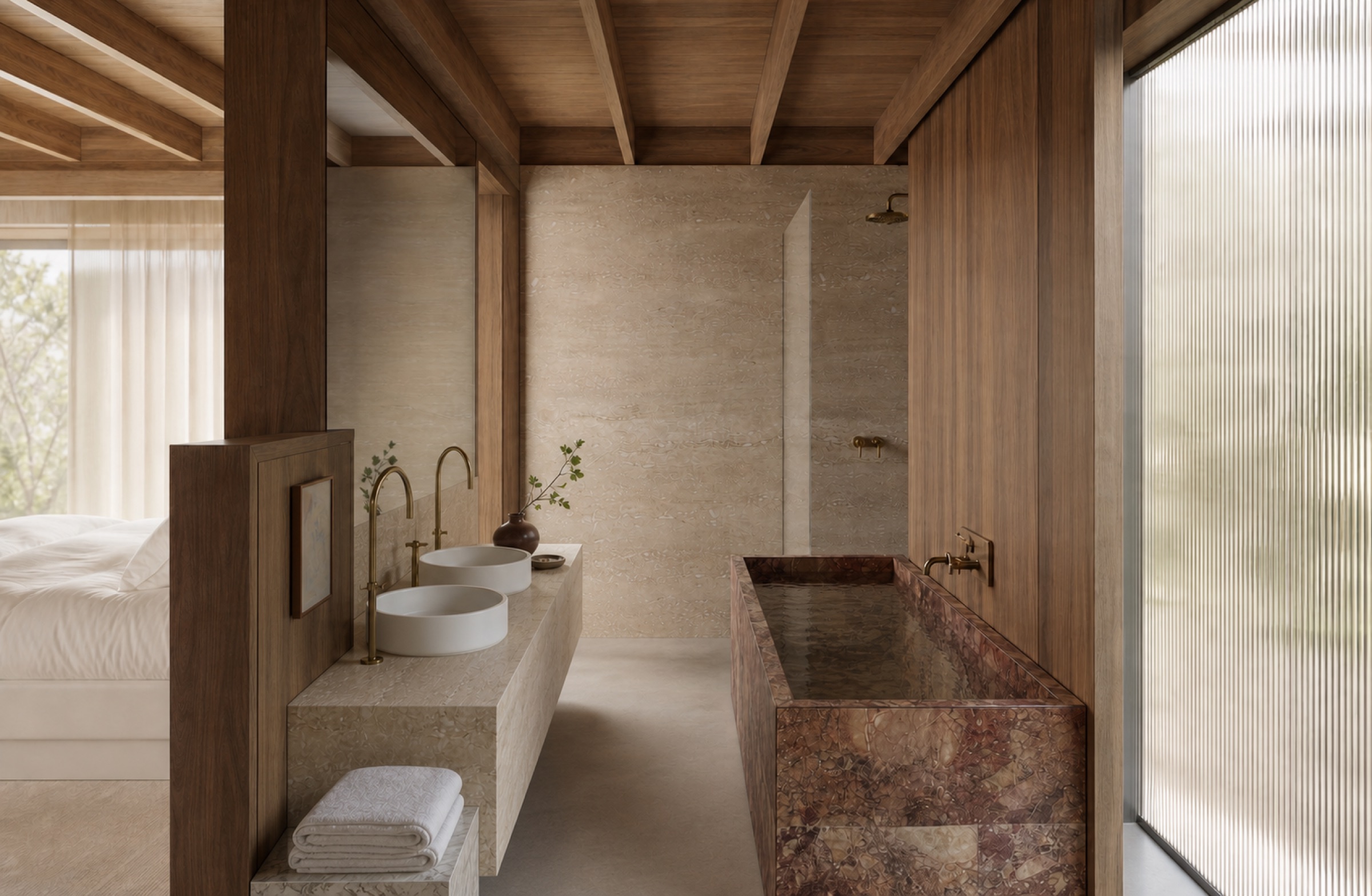 Backyard bathroom with stone bath and vanity