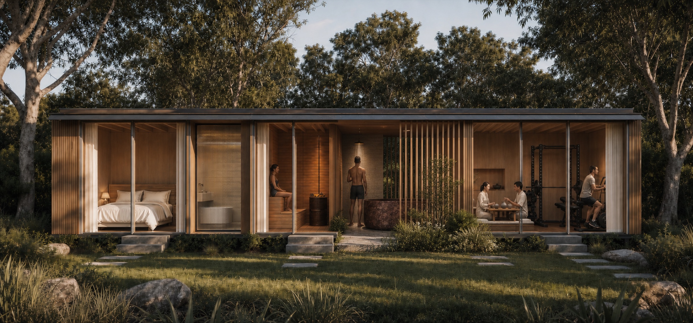 A family of Backyard rooms aligned in a landscaped garden