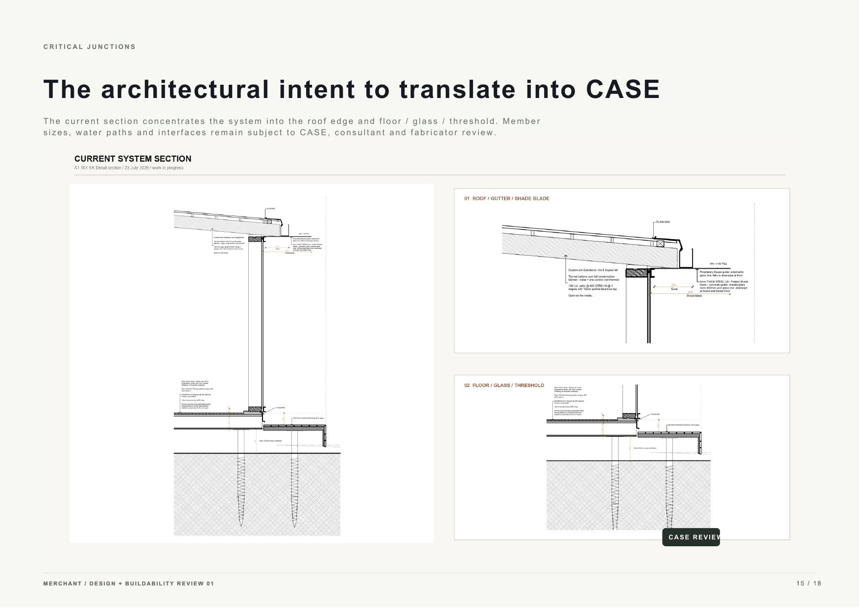 Architectural section sketches of the roof edge and floor threshold