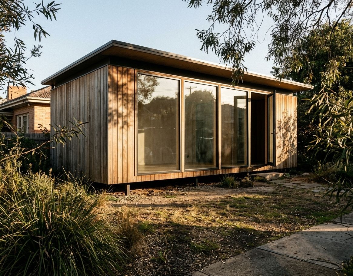 Timber studio with a thin floating mono-pitch roof and full-height glazing