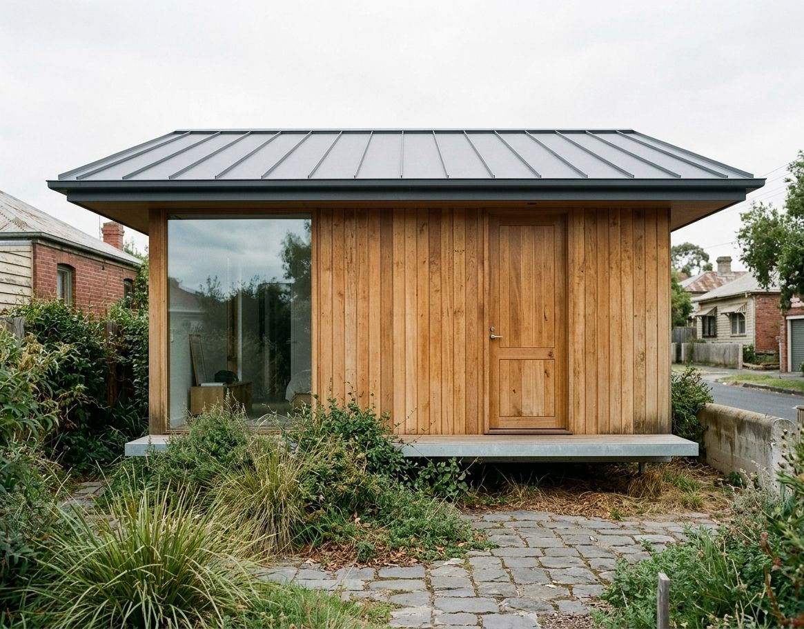 Compact timber studio with a sheltered entry and focused garden window